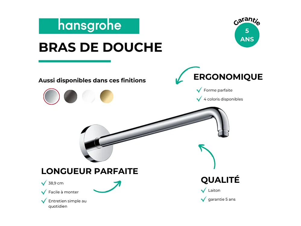 Bras de douche HANSGROHE M 38,9 cm Blanc mat