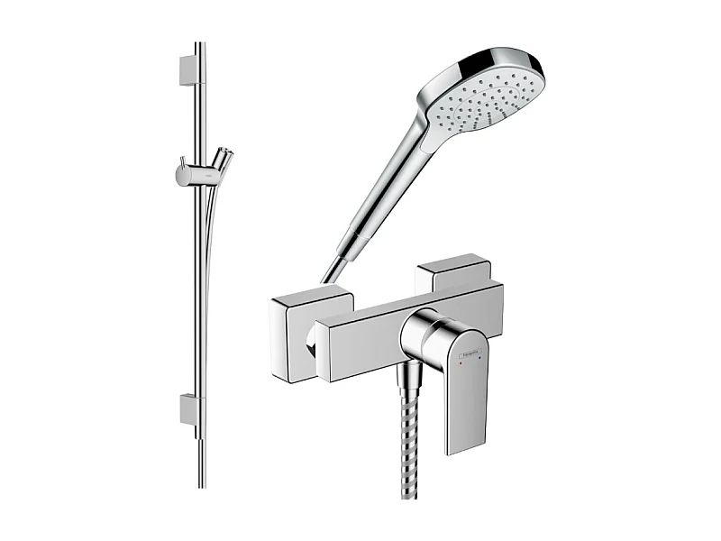 Pack mitigeur douche mécanique HANSGROHE Vernis Shape + Barre Unica S Puro + flexible + Pommeau Croma Select E blanc/chromé