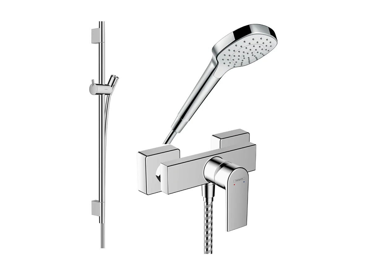 Pack mitigeur douche mécanique HANSGROHE Vernis Shape + Barre Unica S Puro + flexible + Pommeau Croma Select E blanc/chromé