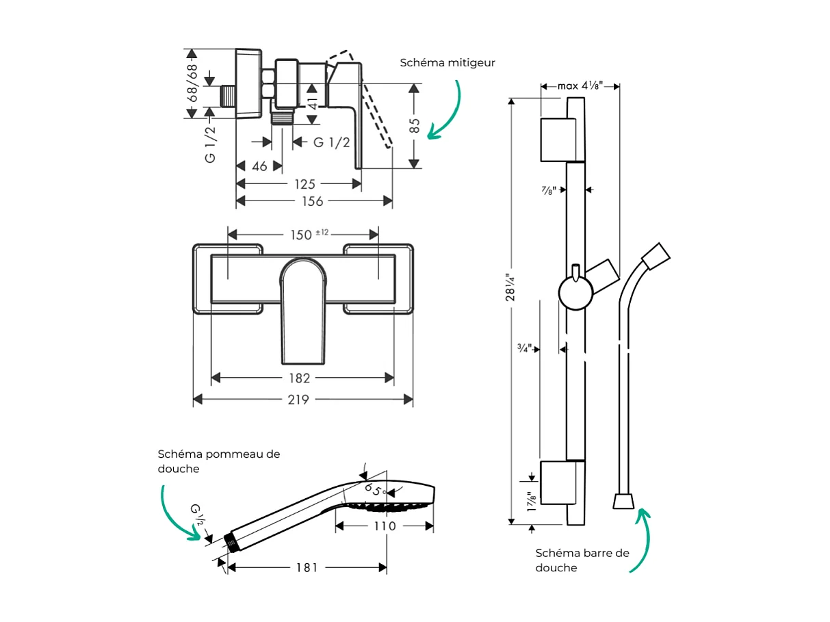 Pack mitigeur douche mécanique HANSGROHE Vernis Shape + Barre Unica S Puro + flexible + Pommeau Croma Select E blanc/chromé