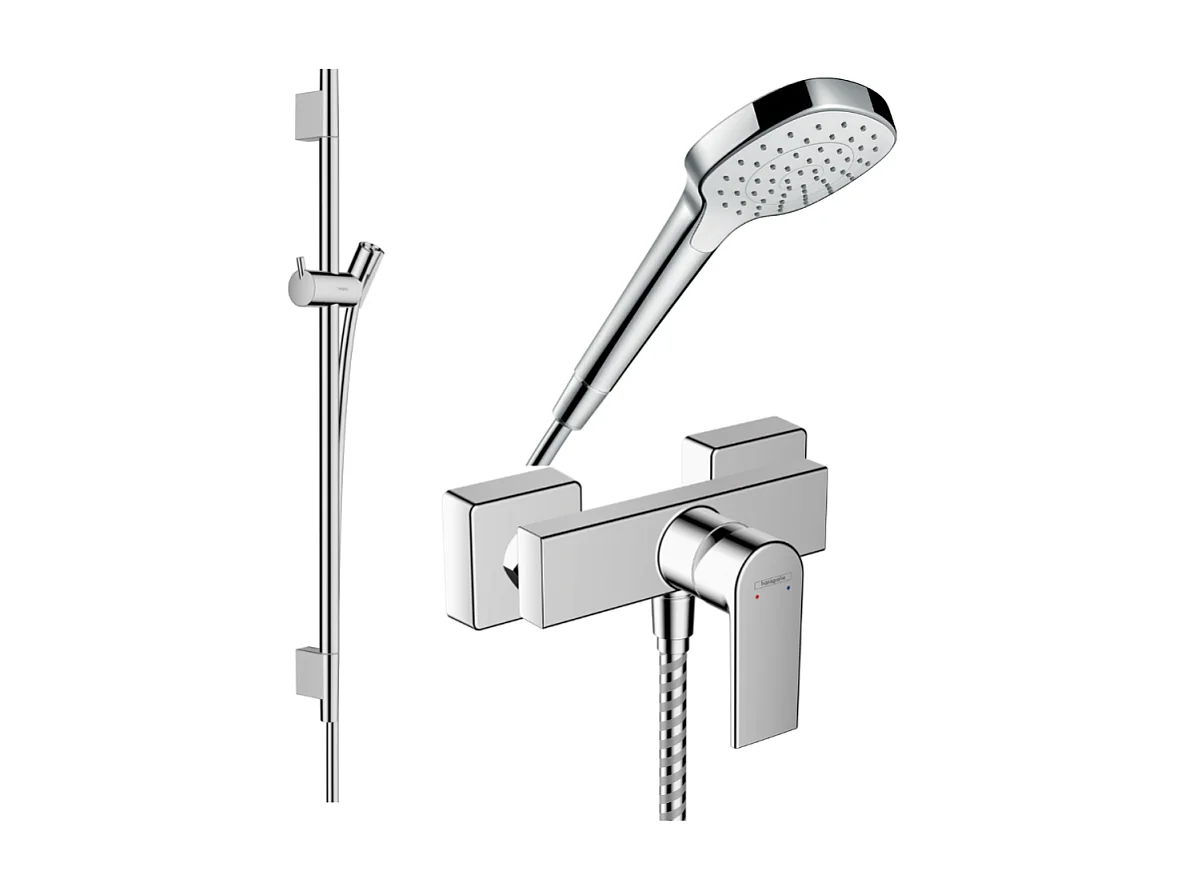 Pack mitigeur douche mécanique HANSGROHE Vernis Shape + Barre Unica S Puro + flexible + Pommeau Croma Select E blanc/chromé