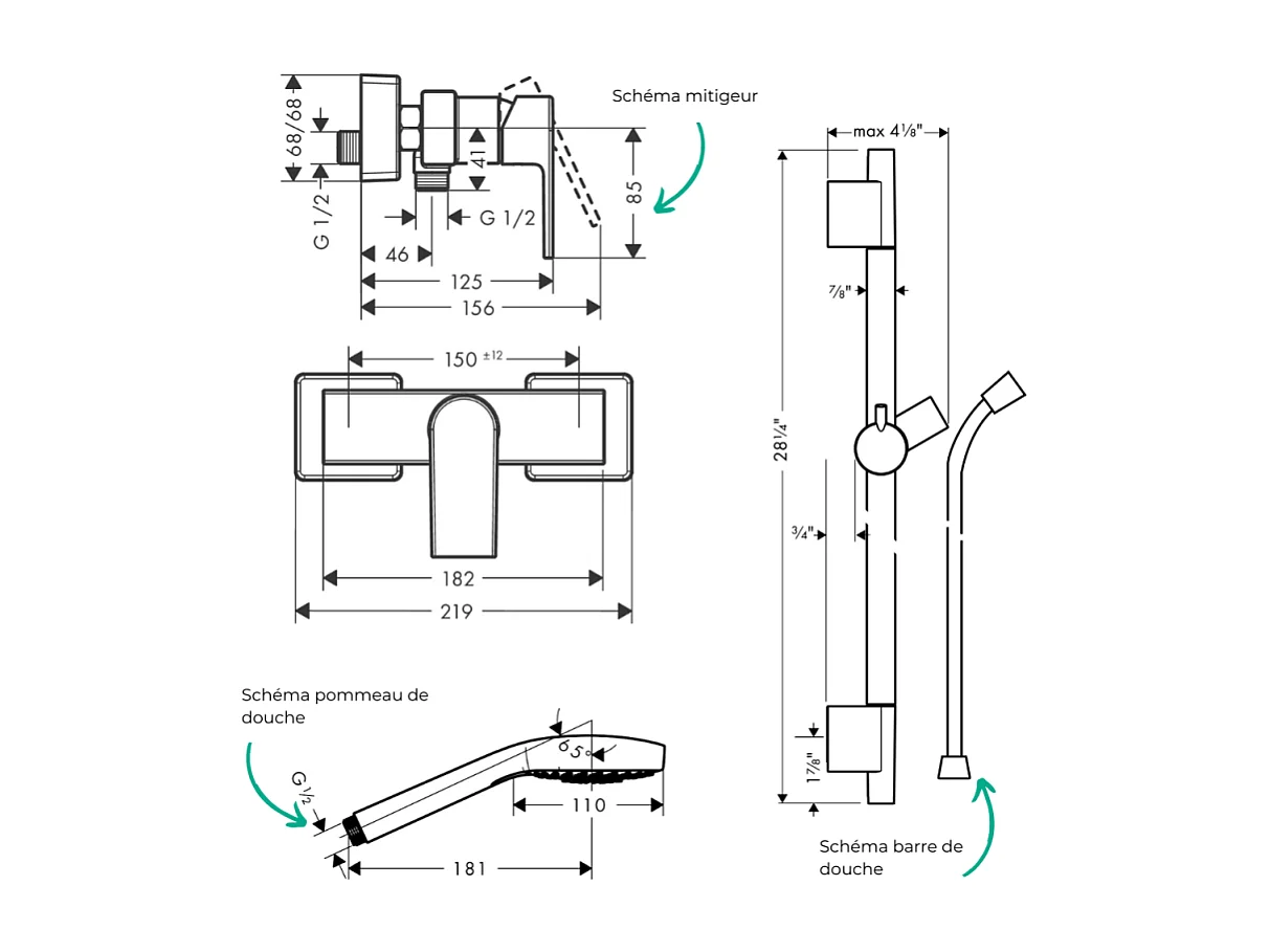 Pack mitigeur douche mécanique HANSGROHE Vernis Shape + Barre Unica S Puro + flexible + Pommeau Croma Select E blanc/chromé