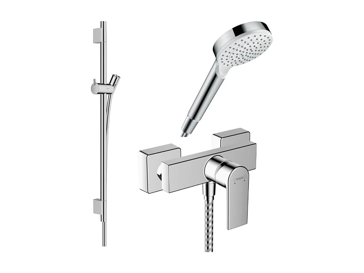 Pack mitigeur douche mécanique HANSGROHE Vernis Shape + Barre Unica S Puro + flexible + Pommeau Crometta blanc/chromé