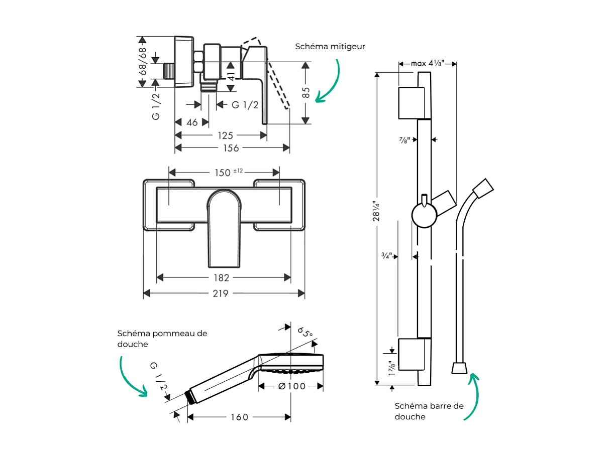 Pack mitigeur douche mécanique HANSGROHE Vernis Shape + Barre Unica S Puro + flexible + Pommeau Crometta blanc/chromé