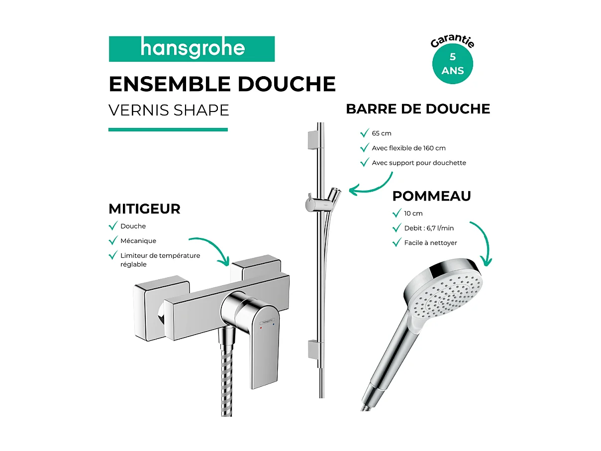 Pack mitigeur douche mécanique HANSGROHE Vernis Shape + Barre Unica S Puro + flexible + Pommeau Crometta blanc/chromé