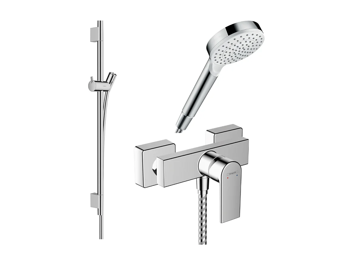 Pack mitigeur douche mécanique HANSGROHE Vernis Shape + Barre Unica S Puro + flexible + Pommeau Crometta blanc/chromé