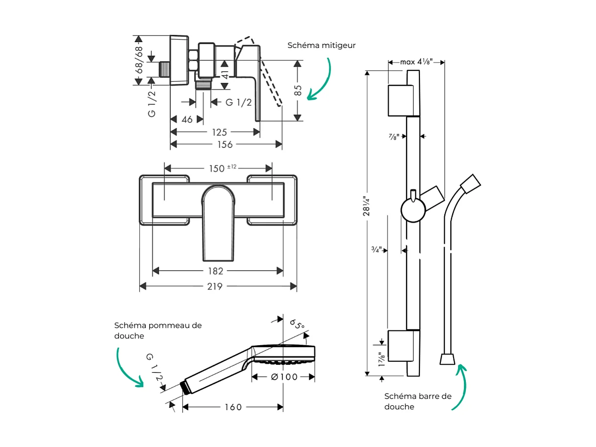 Pack mitigeur douche mécanique HANSGROHE Vernis Shape + Barre Unica S Puro + flexible + Pommeau Crometta blanc/chromé
