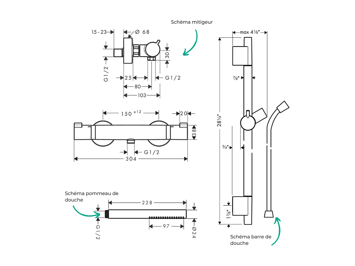 Pack mitigeur douche thermostatique HANSGROHE Ecostat Comfort + Barre Unica S Puro + flexible + Pommeau Pulsify S bronze brossé