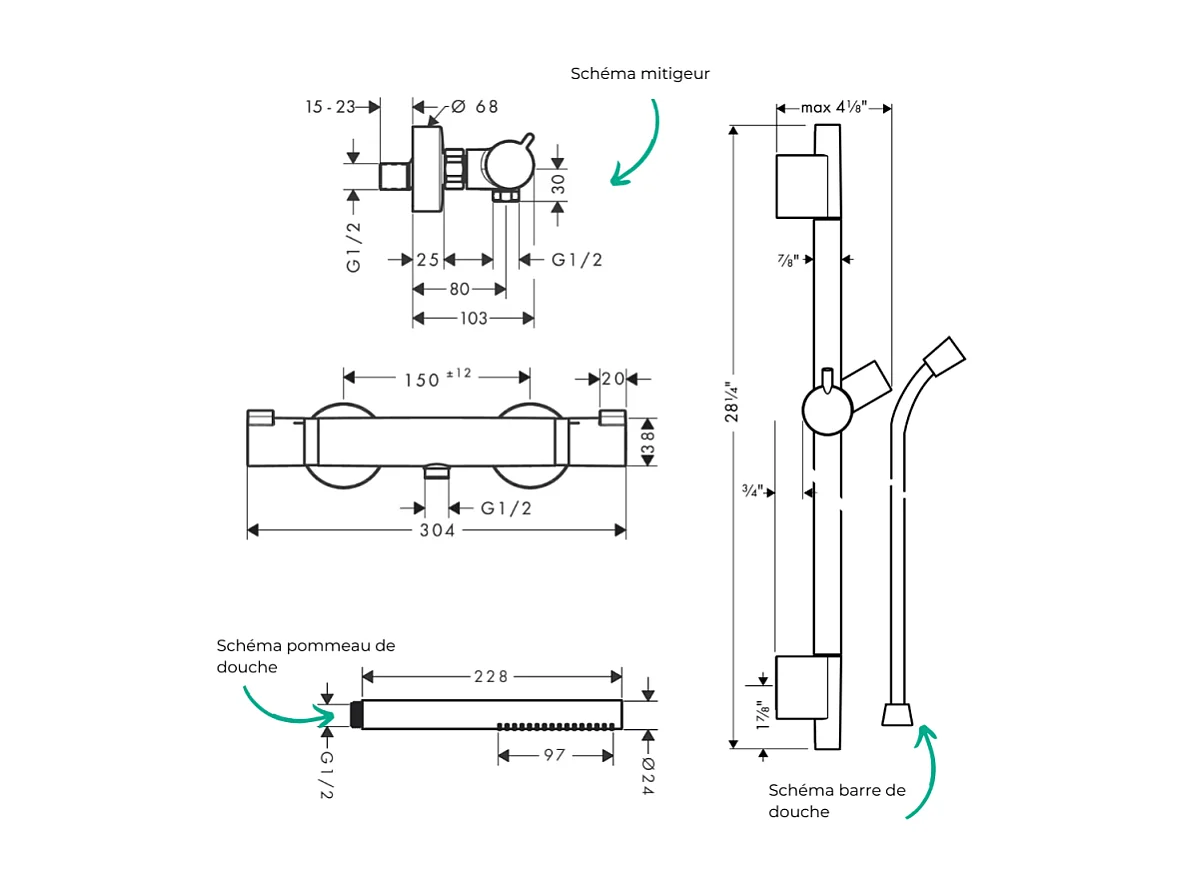 Pack mitigeur douche thermostatique HANSGROHE Ecostat Comfort + Barre Unica S Puro + flexible + Pommeau Pulsify S bronze brossé