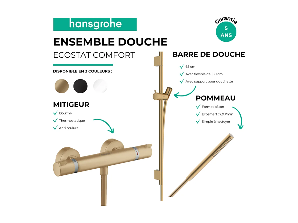 Pack mitigeur douche thermostatique HANSGROHE Ecostat Comfort + Barre Unica S Puro + flexible + Pommeau Pulsify S bronze brossé