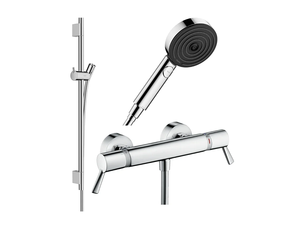 Pack mitigeur douche thermostatique HANSGROHE Ecostat Comfort Care +Barre UnicaS Puro+flexible+Pommeau Pulsify Select 3jets chromé