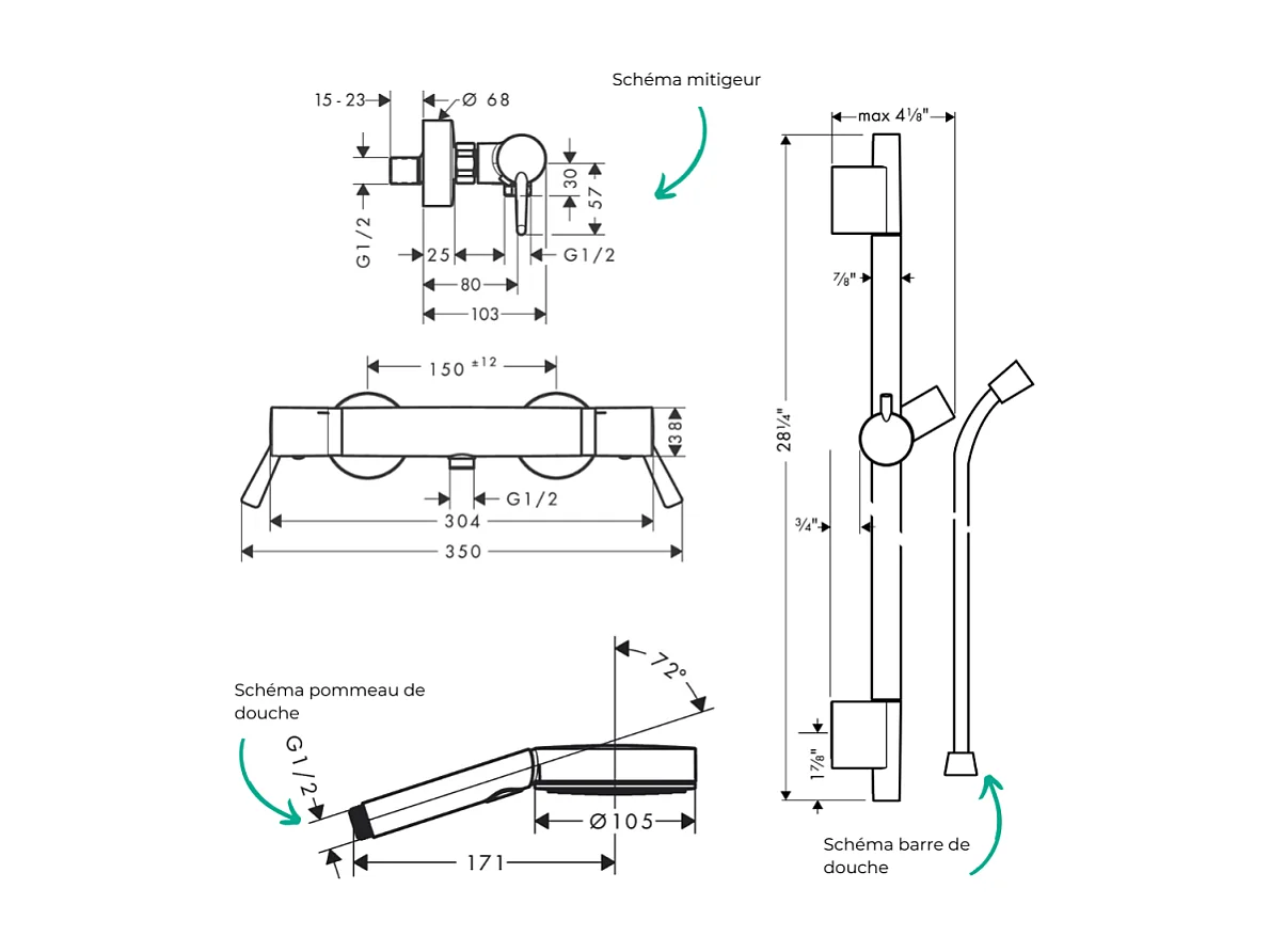 Pack mitigeur douche thermostatique HANSGROHE Ecostat Comfort Care +Barre UnicaS Puro+flexible+Pommeau Pulsify Select 3jets chromé