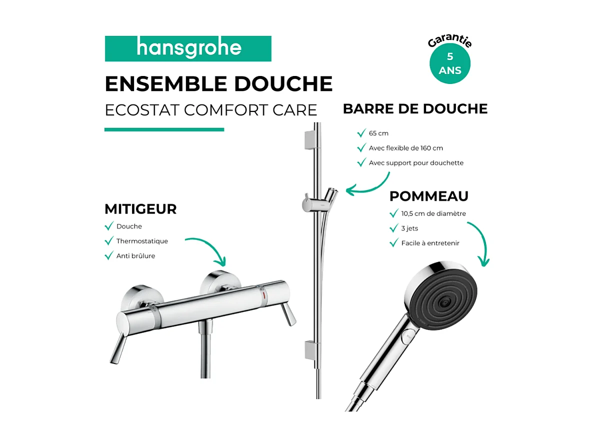Pack mitigeur douche thermostatique HANSGROHE Ecostat Comfort Care +Barre UnicaS Puro+flexible+Pommeau Pulsify Select 3jets chromé
