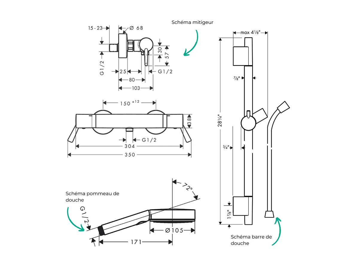 Pack mitigeur douche thermostatique HANSGROHE Ecostat Comfort Care +Barre UnicaS Puro+flexible+Pommeau Pulsify Select 3jets chromé
