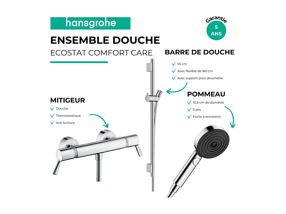 Pack mitigeur douche thermostatique HANSGROHE Ecostat Comfort Care +Barre UnicaS Puro+flexible+Pommeau Pulsify Select 3jets chromé