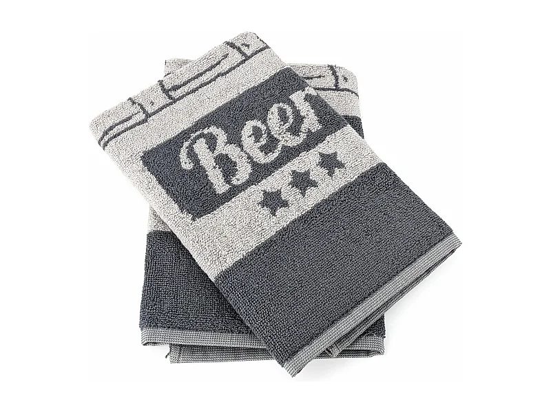 Lot de 2 torchons de cuisine pur coton 50x50 cm BEER motifs de bières gris