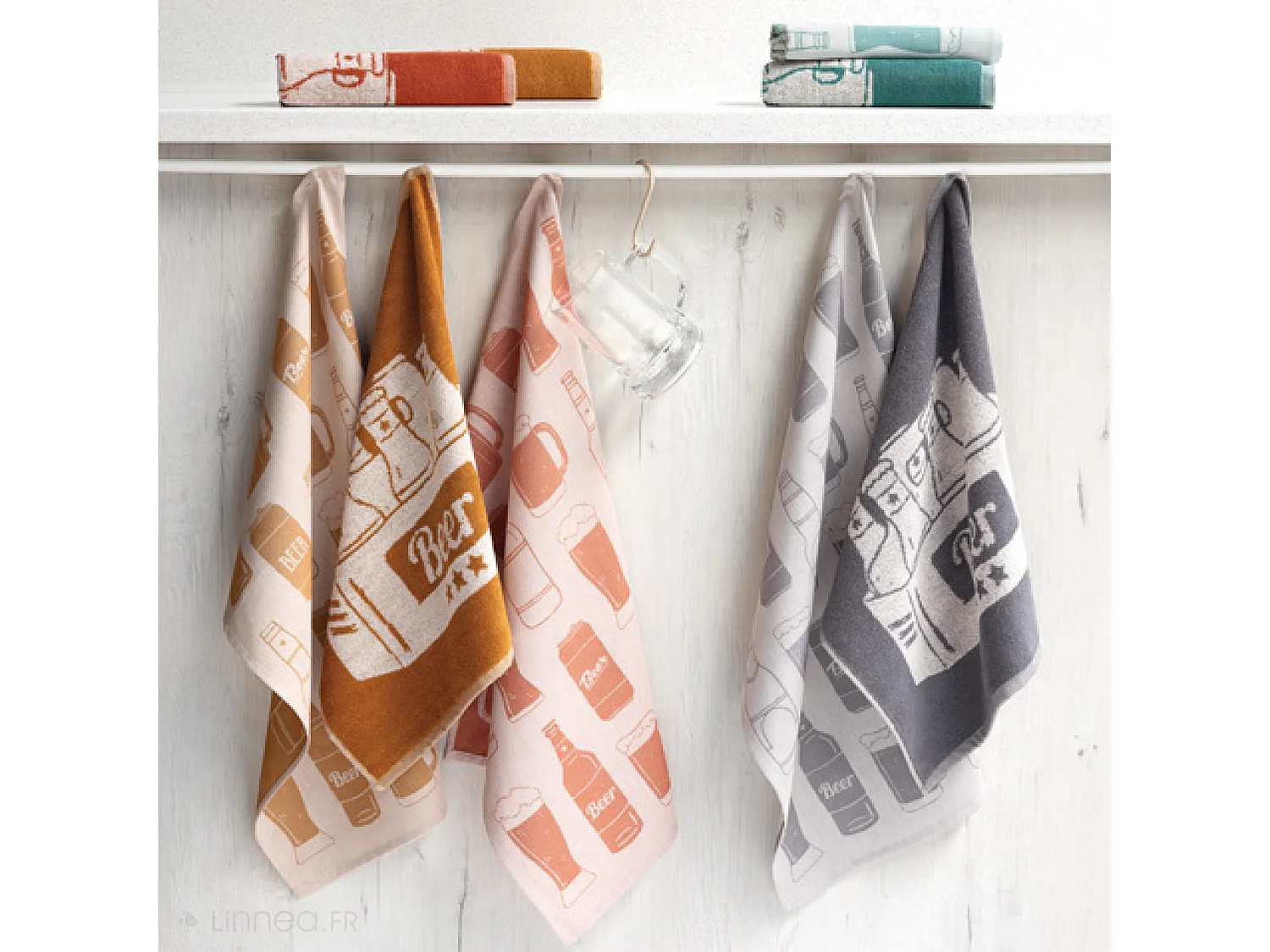 Lot de 2 torchons de cuisine pur coton 50x70 cm BEER motif de bières bleu