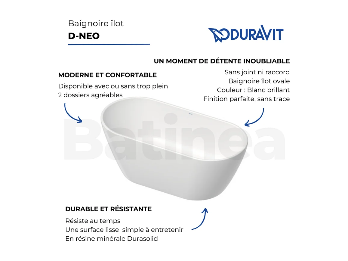 Baignoire îlot 160x75 DURAVIT D-Neo sans trop-plein