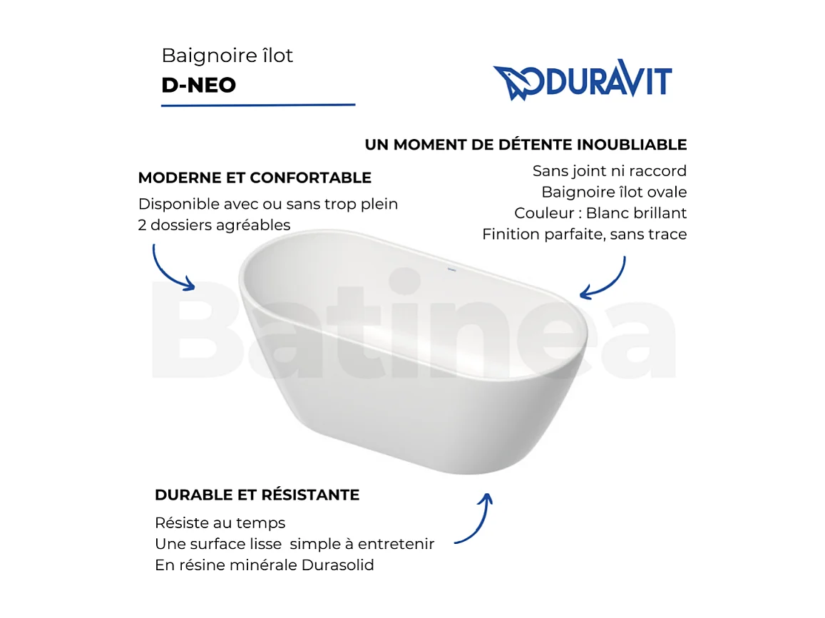 Baignoire îlot 160x75 DURAVIT D-Neo sans trop-plein
