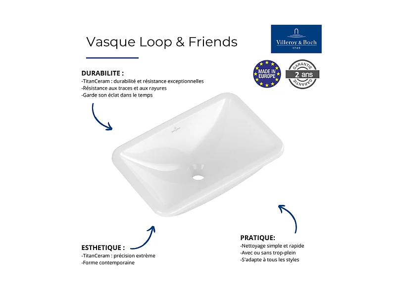 Vasque rectangle 67,5 x 45 à encastrer VILLEROY ET BOCH Loop & Friends TitanCeram