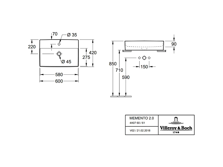 Vasque à poser VILLEROY ET BOCH Memento 2.0 blanc 60 x 42 cm