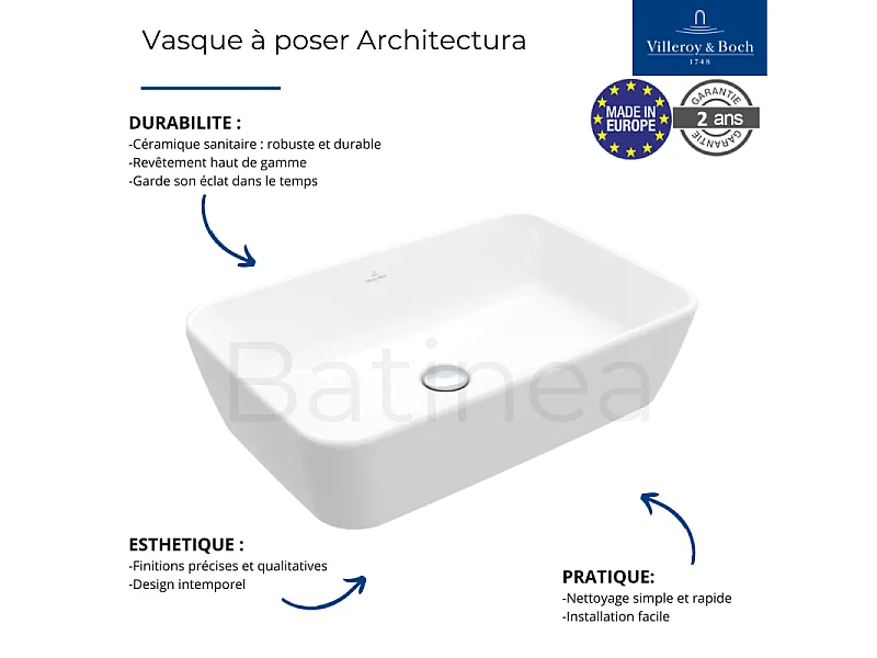 Vasque rectangle à poser VILLEROY ET BOCH Architectura Blanc CeramicPlus 60 x 40,5 sans trop-plein