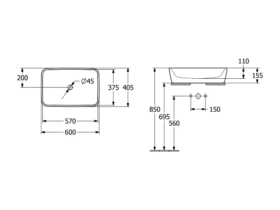 Vasque rectangle à poser VILLEROY ET BOCH Architectura Blanc CeramicPlus 60 x 40,5 sans trop-plein