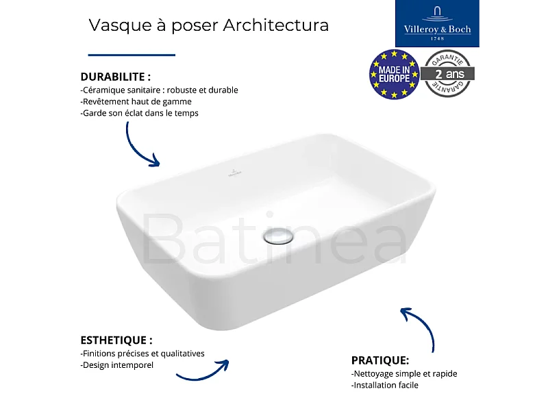Vasque rectangle à poser VILLEROY ET BOCH Architectura Blanc CeramicPlus 60 x 40,5 sans trop-plein