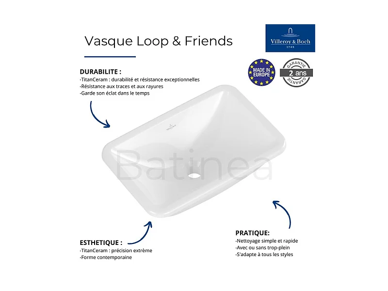 Vasque 60 x 40,5 rectangle à poser VILLEROY ET BOCH Loop & Friends TitanCeram stone white sans trop plein