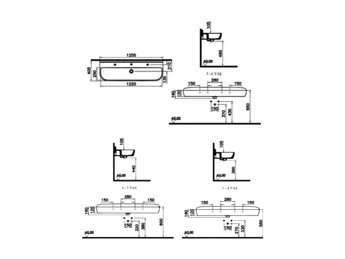 Lavabo pour enfant VITRA Sento Kids 125 cm avec trop-plein