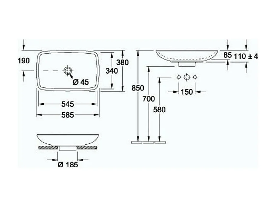 Vasque rectangle à poser 58.50X38 avec trop plein VILLEROY ET BOCH Loop & Friends Blanc CeramicPlus