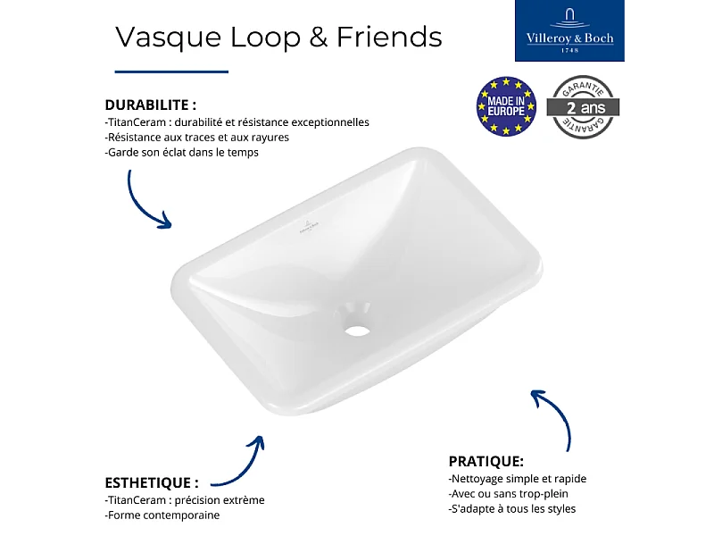 Vasque rectangle 60 x 40,5 à encastrer VILLEROY ET BOCH Loop & Friends TitanCeram