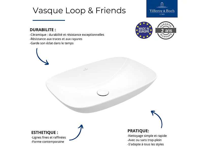 Vasque 62 x 42 rectangle à poser VILLEROY ET BOCH Loop & Friends non meulé stone white avec trop plein