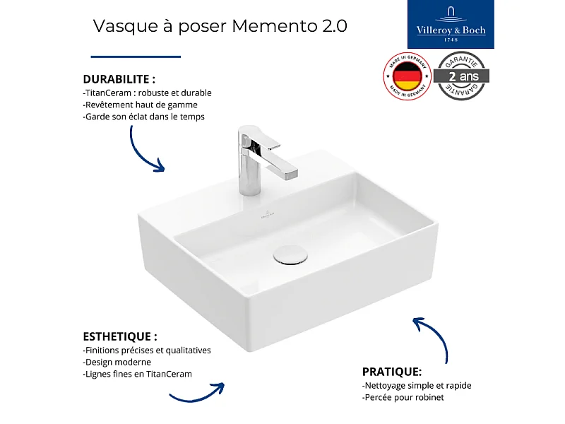 Vasque à poser VILLEROY ET BOCH Memento 2.0 stone white ceramicplus avec trop plein 60 x 42 cm