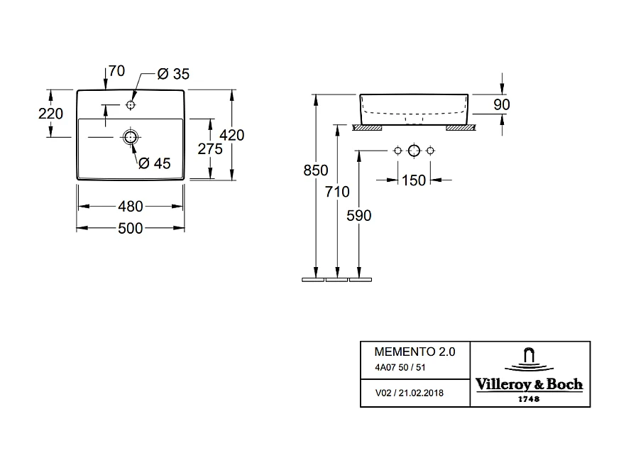 Vasque à poser VILLEROY ET BOCH Memento 2.0 blanc 50 x 42 cm