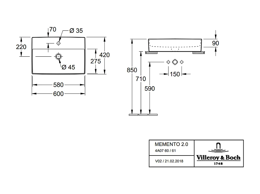 Vasque à poser VILLEROY ET BOCH Memento 2.0 blanc ceramicplus 60 x 42 cm