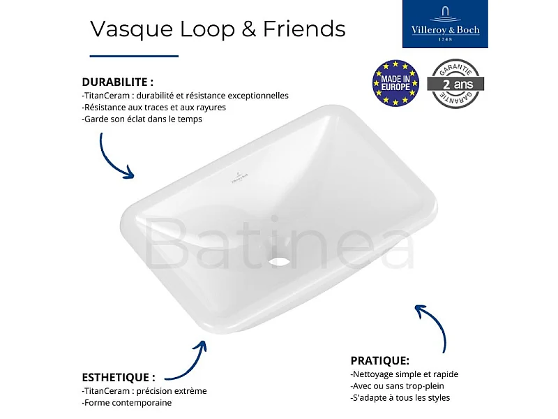 Vasque 60 x 40,5 rectangle à poser VILLEROY ET BOCH Loop & Friends TitanCeram blanche sans trop plein