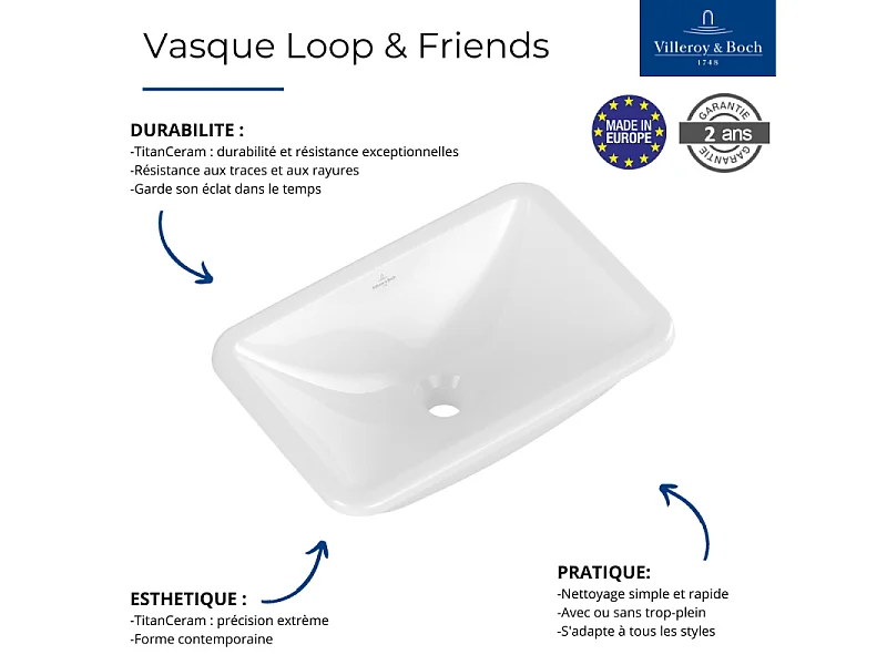Vasque rectangle 51 x 34 à encastrer VILLEROY ET BOCH Loop & Friends TitanCeram sans trop plein