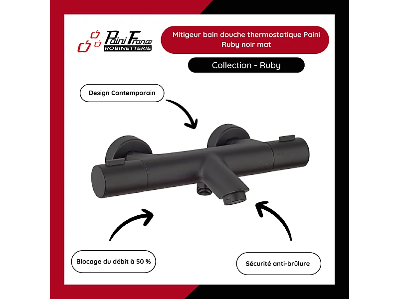 Mitigeur bain douche thermostatique PAINI Ruby Noir mat