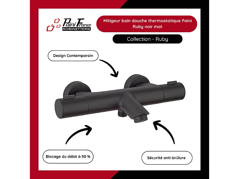 Mitigeur bain douche thermostatique PAINI Ruby Noir mat