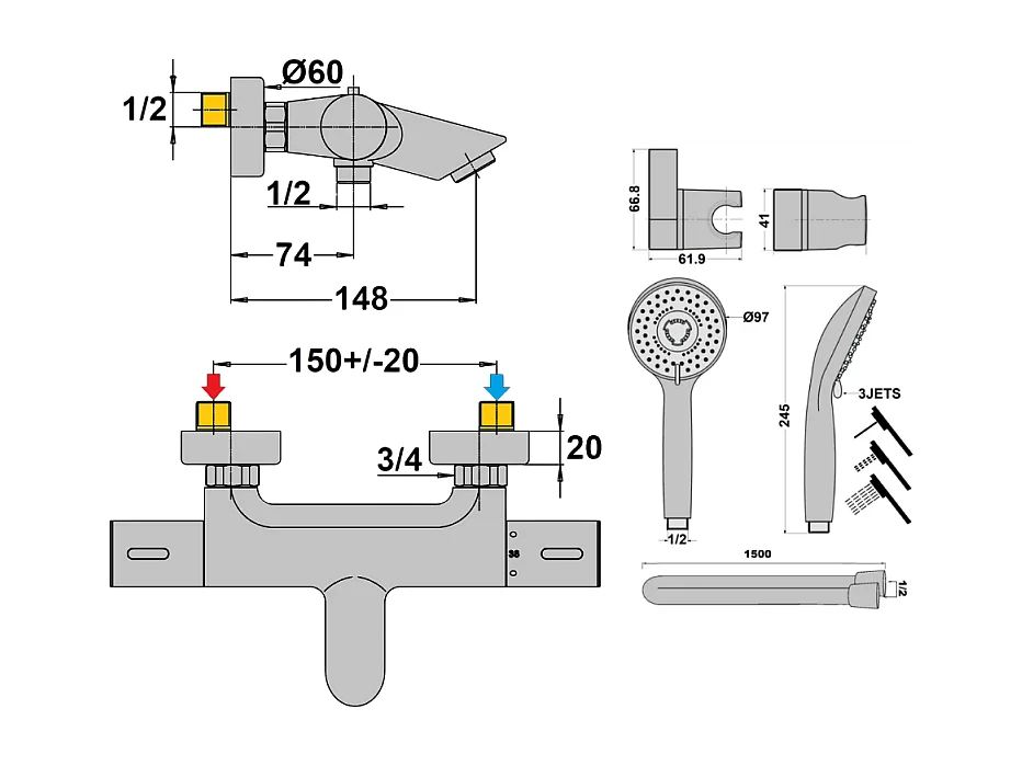 Mitigeur bain douche thermostatique PAINI Ruby + Minikit douchette 3 jets rond Ruby Noir mat