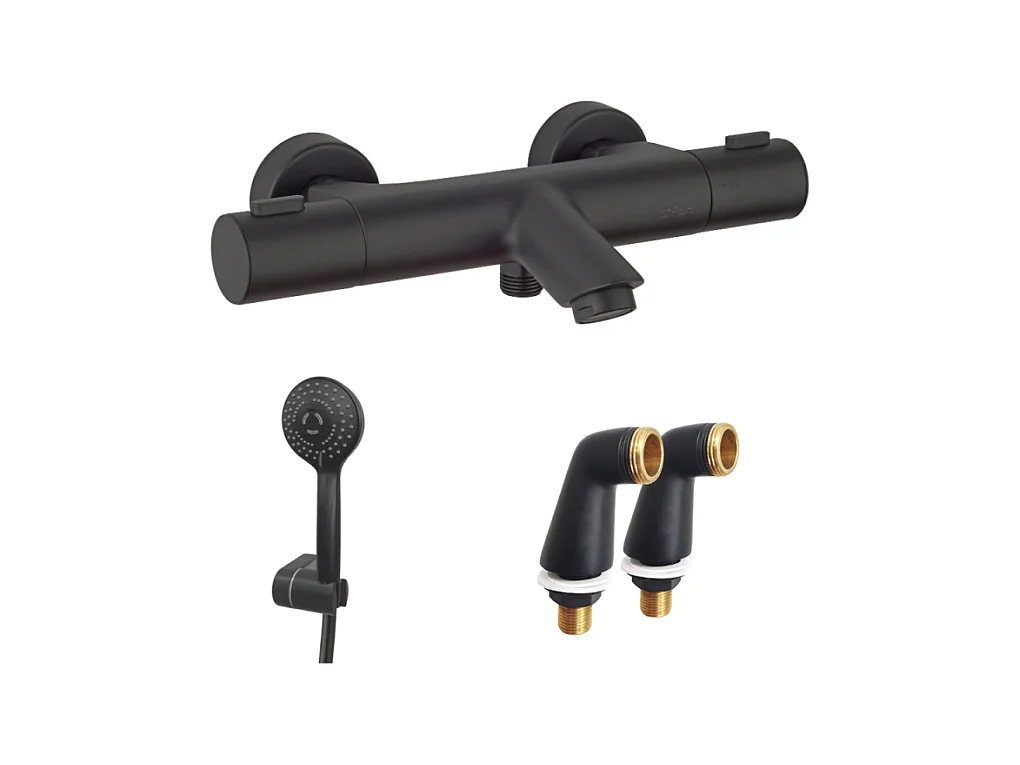 Mitigeur bain douche thermostatique PAINI Ruby + Minikit douchette 3 jets rond Ruby + Colonnettes Noir mat
