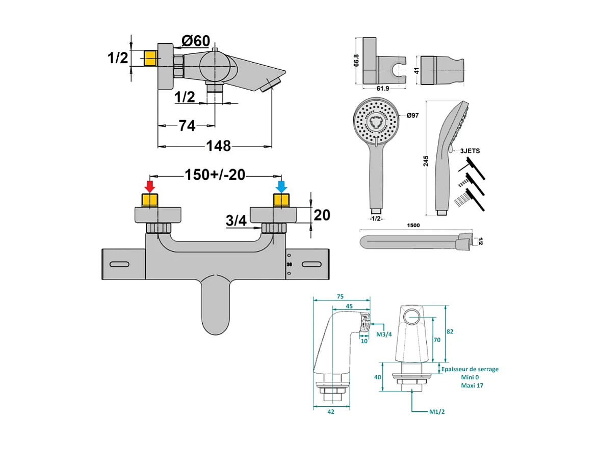 Mitigeur bain douche thermostatique PAINI Ruby + Minikit douchette 3 jets rond Ruby + Colonnettes Noir mat