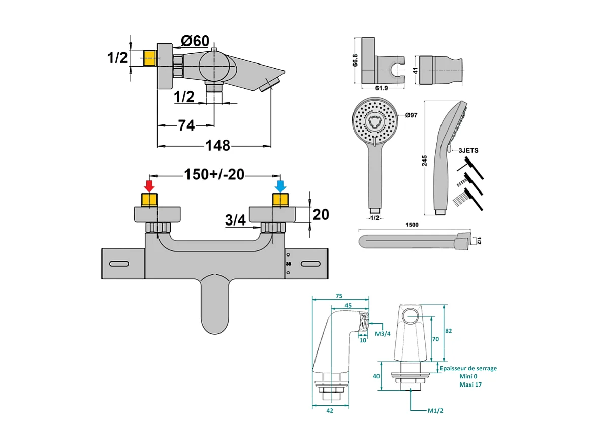 Mitigeur bain douche thermostatique PAINI Ruby + Minikit douchette 3 jets rond Ruby + Colonnettes Noir mat