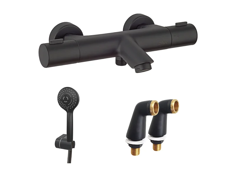 Mitigeur bain douche thermostatique PAINI Ruby + Minikit douchette 3 jets rond Ruby + Colonnettes Noir mat