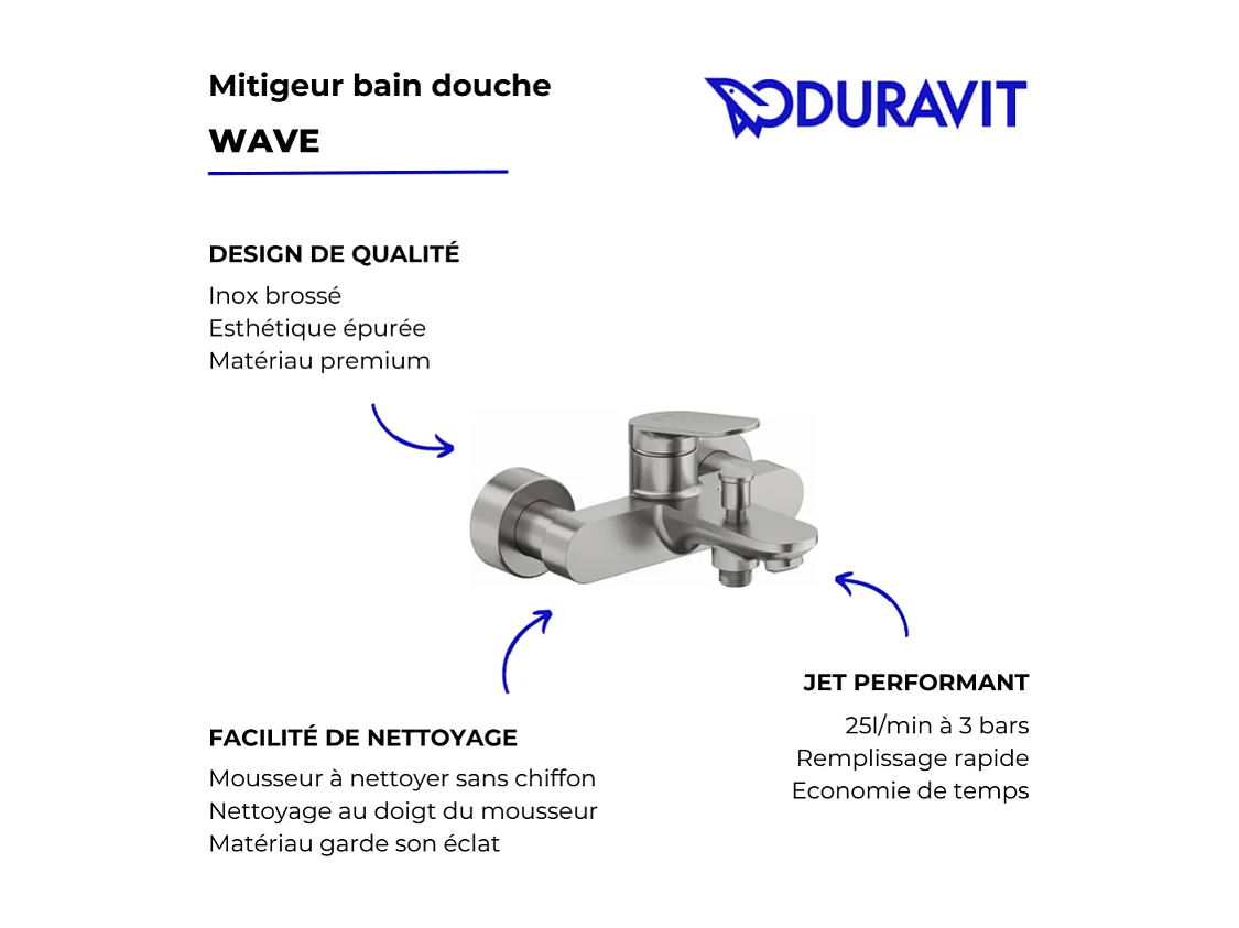Mezclador mecánico de baño-ducha DURAVIT Wave acero inoxidable cepillado