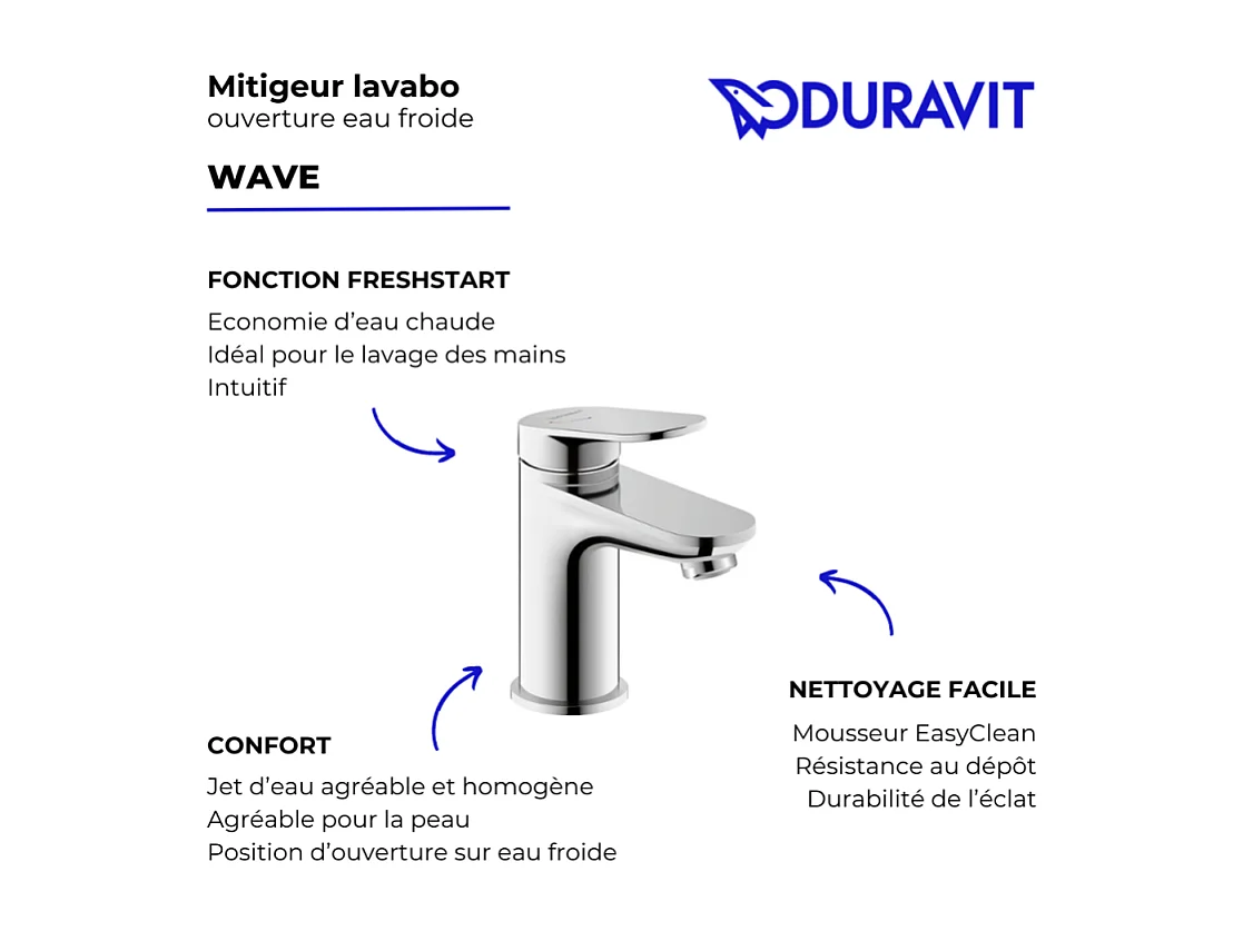 Mitigeur lavabo DURAVIT Wave S ouverture eau froide sans vidage chromé brillant