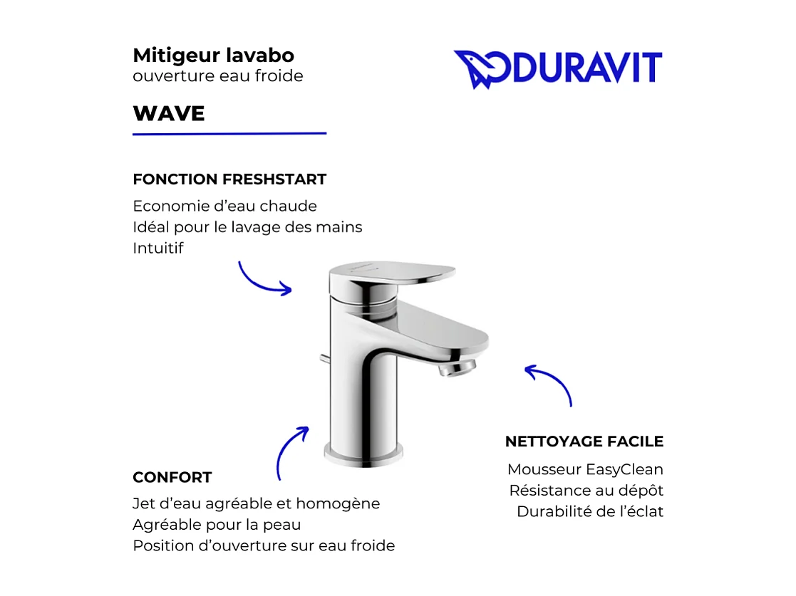 Mitigeur lavabo DURAVIT Wave S ouverture eau froide avec vidage chromé brillant