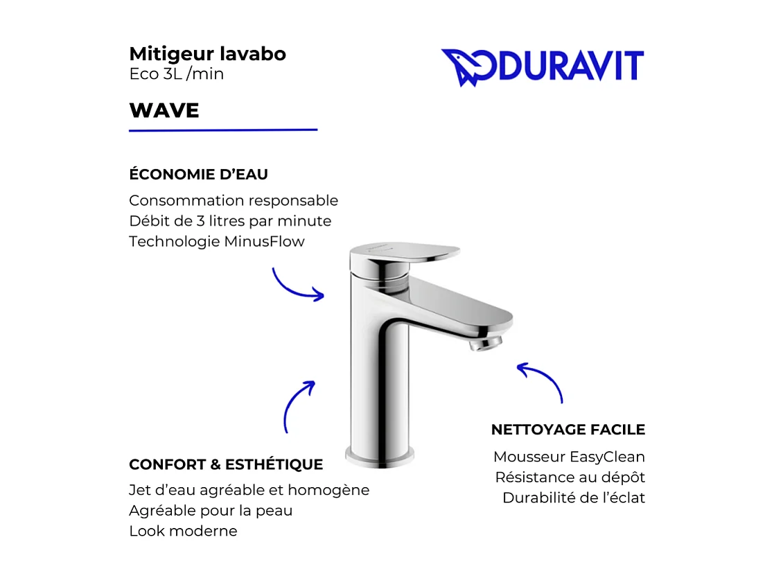 Mitigeur lavabo DURAVIT Wave M Eco 3L/min sans vidage chromé brillant