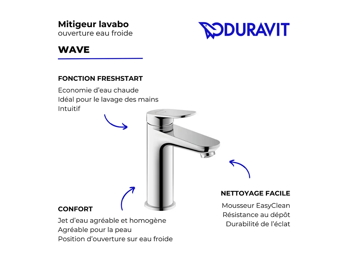 Mitigeur lavabo DURAVIT Wave M ouverture eau froide sans vidage chromé brillant